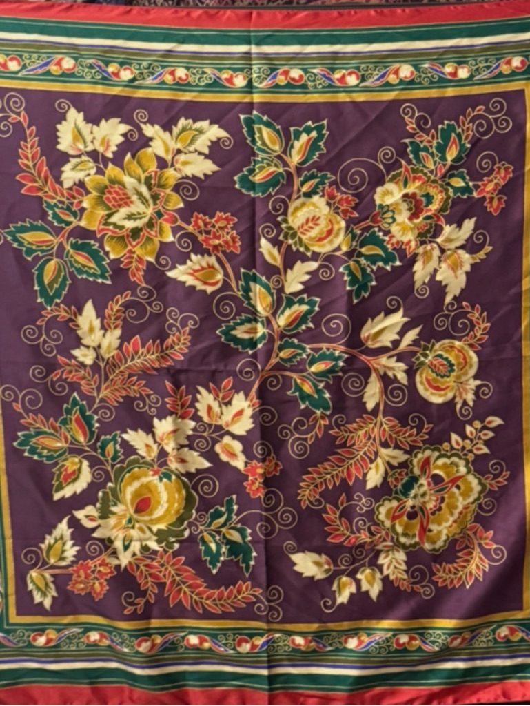 Vintage Floral Purple 100 Silk Square Scarf With Green  Yellow Accents